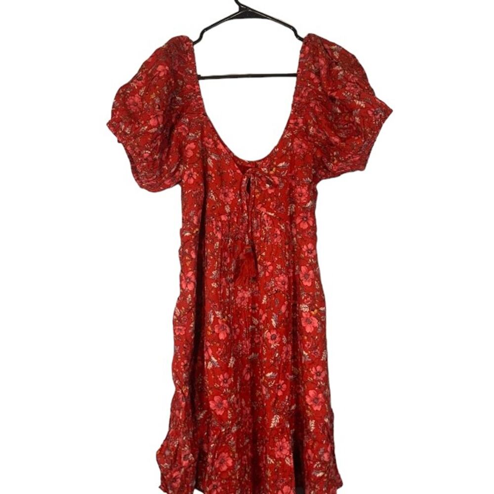 Band of the Free Red Desiree Crimson Floral Puff Sleeve Mini Dress Women Sz L
